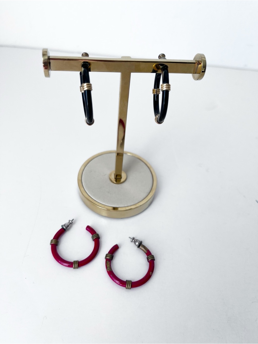 Two Pairs of Enameled Hoop Earrings — Red and Gold and Black and Gold